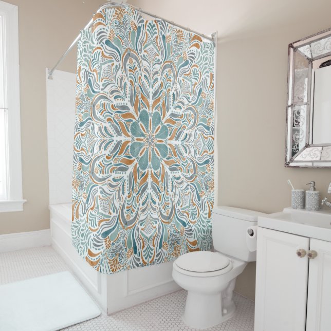 Beach Escape Teal Brown Watercolor Mandala Shower Curtain (In Situ)
