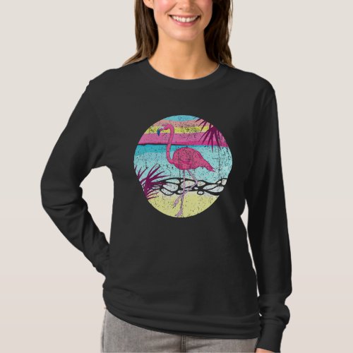 Beach Exotic Animal Pink Flamingo Palm Trees Tropi T_Shirt