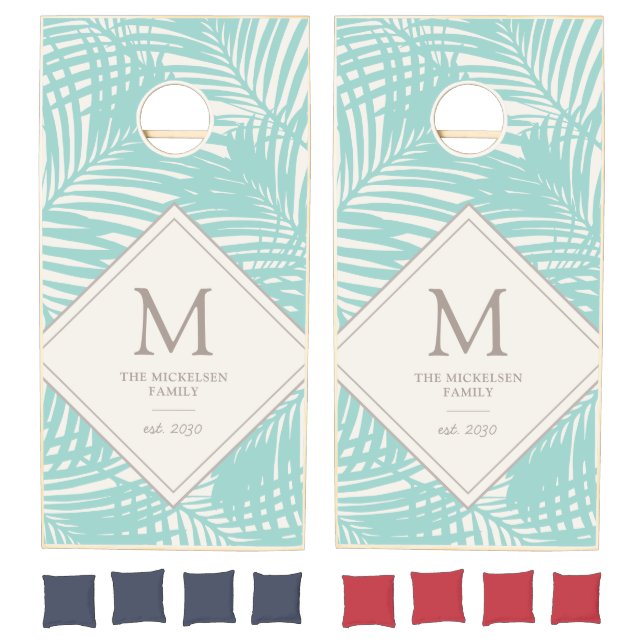 Beach Family Monogram Name Modern Palm Pattern Cornhole Set (Set)