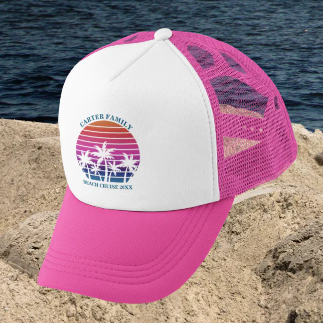 Beach Family Reunion Custom Cruise Pink Palm Tree Trucker Hat | Zazzle