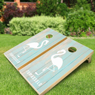 Beach Faux Tropical Blue Wood Flamingo Family Cornhole Set