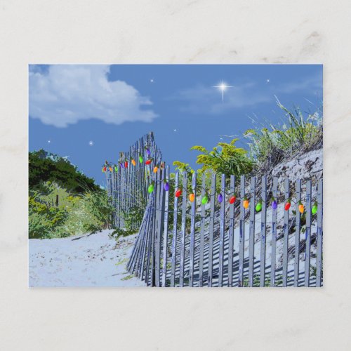 Beach Fence  Dunes Christmas Lights Holiday Postcard