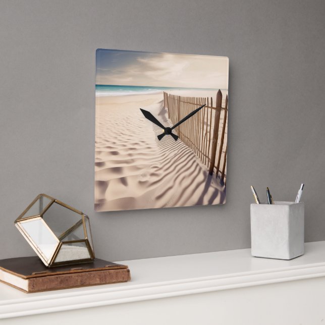 Beach Fence In Sand Square Wall Clock (Office)