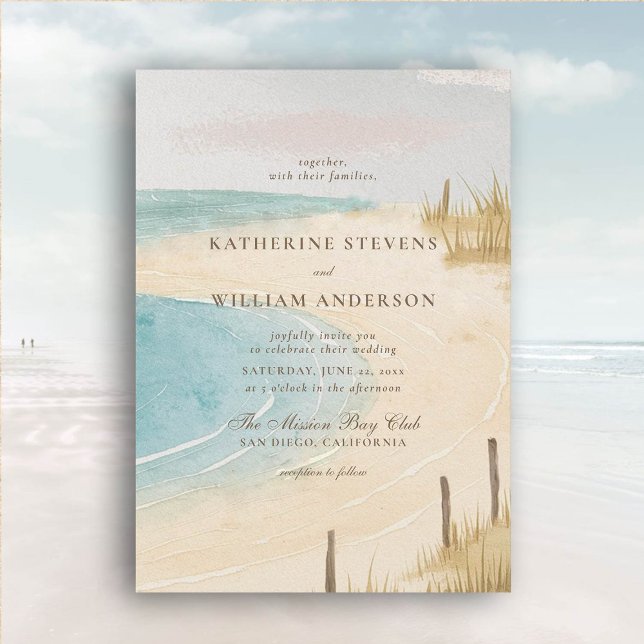 Beach Fence Ocean Grass Sky Art Elegant Wedding Invitation (beach wedding invitation dreamy watercolor ocean fence grass nature formal modern classic)
