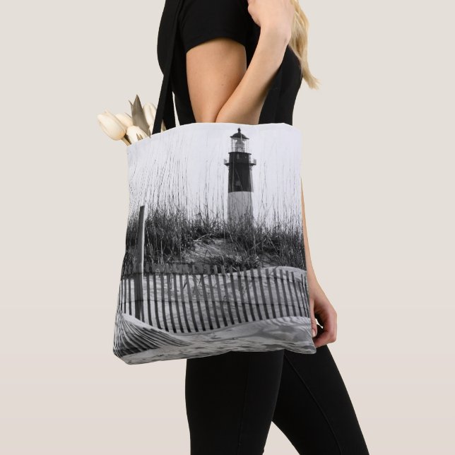 Beach Fences And Lighthouse Tote Bag (Close Up)