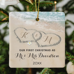 Beach First Christmas as Mr & Mrs Photo Ceramic Ornament