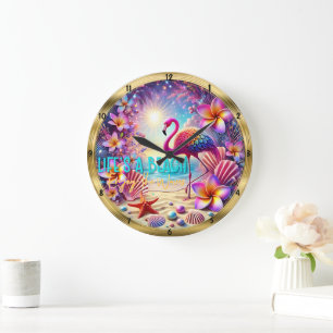 Beach Flamingo Flowers Sparkle Large Clock