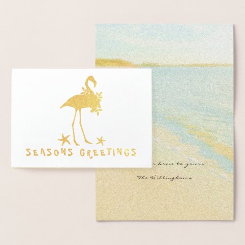 Beach Flamingo Gold Foil Christmas Cards