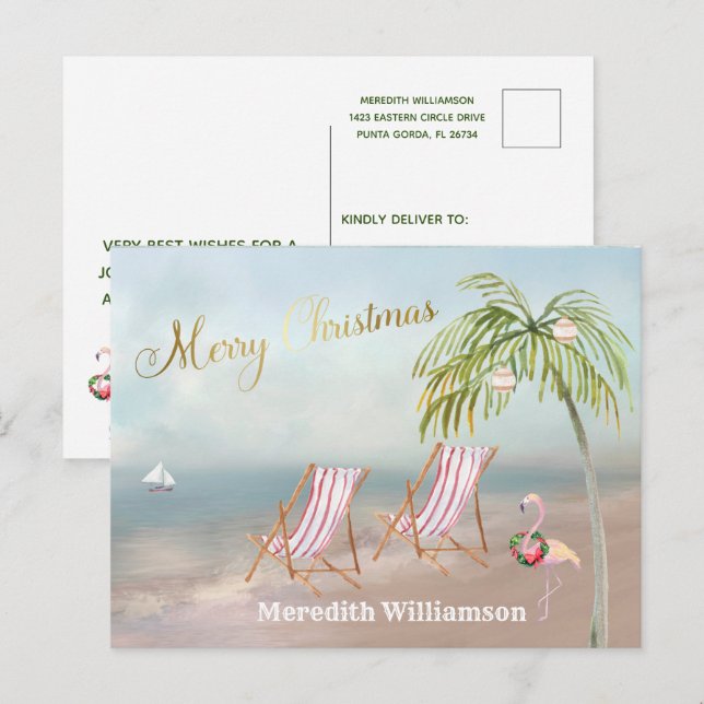 Beach Flamingo Merry Christmas Budget Postcard (Front/Back)