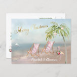 Beach Flamingo Merry Christmas Budget Postcard<br><div class="desc">Merry Christmas on this lovely Watercolor Beach -- peaceful and gentle scene with two beach chairs -- friendly flamingo with lovely wreath -- Palm tree with a few ornaments. Also available in different paper weights -- your selection. Any design questions, just send an email to charmdesignstudio@rcn.com and we'll be delighted...</div>