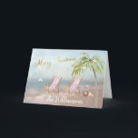 Beach Flamingo Wreath Unique Christmas Card<br><div class="desc">Merry Christmas on this lovely Watercolor Beach -- peaceful and gentle scene with two beach chairs -- friendly flamingo with lovely wreath -- Palm tree with a few ornaments. Also available in different paper weights -- your selection. Any design questions, just send an email to charmdesignstudio@rcn.com and we'll be delighted...</div>