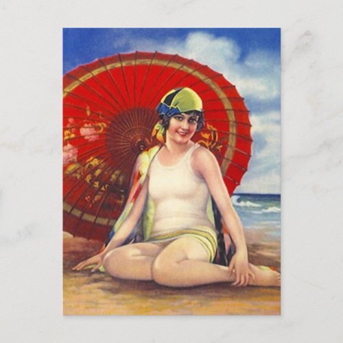 Beach Flapper Girl Postcard Asian Umbrella Cloche