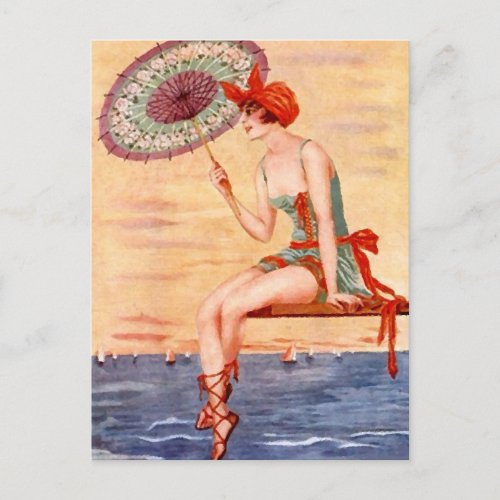 Beach Flapper Girl Postcard Swim Umbrella Cloche