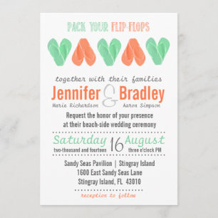 Beach Flip Flop Hearts Turquoise and Coral Wedding Invitation