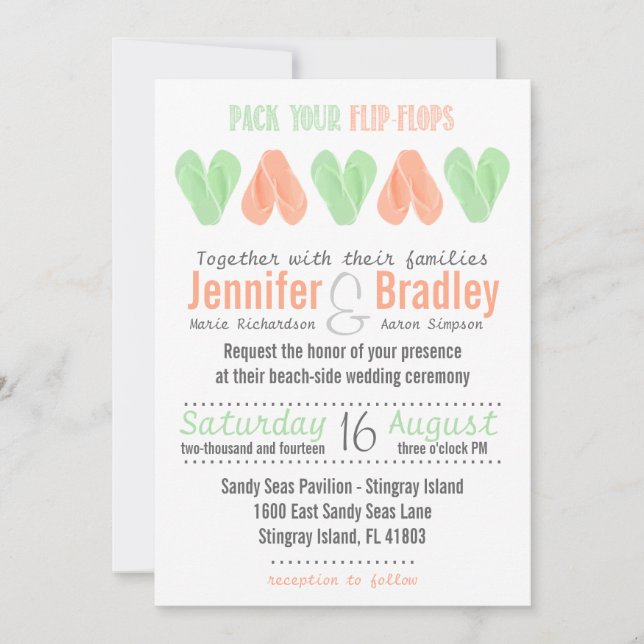 Beach Flip Flop Hearts Wedding Invitation Mint (Front)