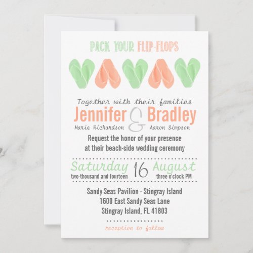 Beach Flip Flop Hearts Wedding Invitation Mint