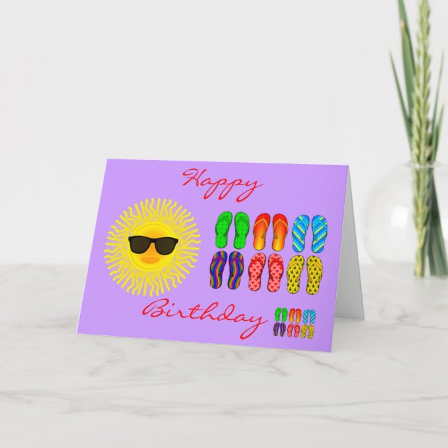 Beach Flip Flops and Sun with Sunglasses Birthday Card (Front)