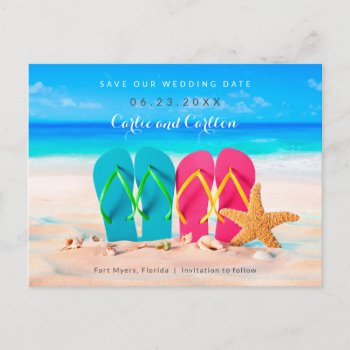 Beach Flip Flops On Sand Save The Date Postcard by marlenedesigner at Zazzle