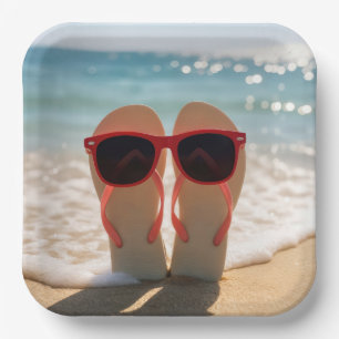 Beach Flip-flops with Red Sunglasses Paper Plates