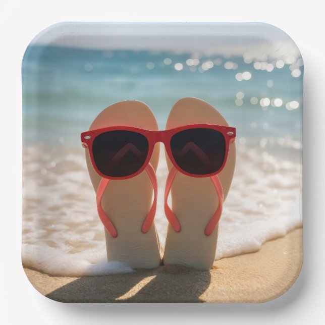 Beach Flip-flops with Red Sunglasses Paper Plates (Front)