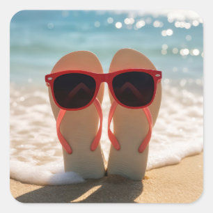 Beach Flip-flops with Red Sunglasses Square Sticker