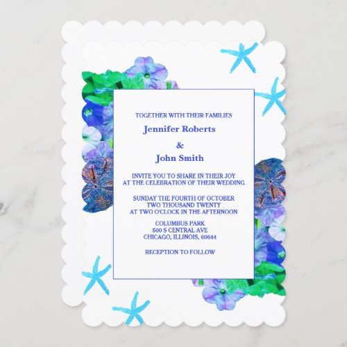 Beach Floral Sand Dollar Starfish Abstract Wedding Invitation