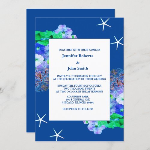 Beach Floral Sand Dollar Starfish Blue Art Wedding Invitation