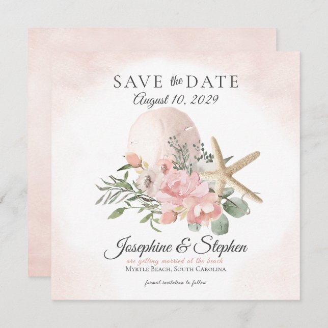 Beach Floral Sand Dollar Starfish Save the Date (Front/Back)