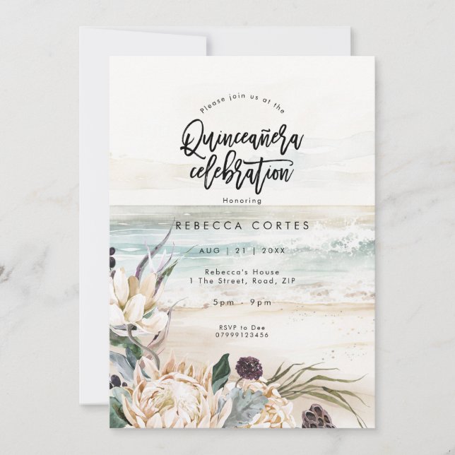 beach florals Quinceanera 15th birthday Invitation (Front)