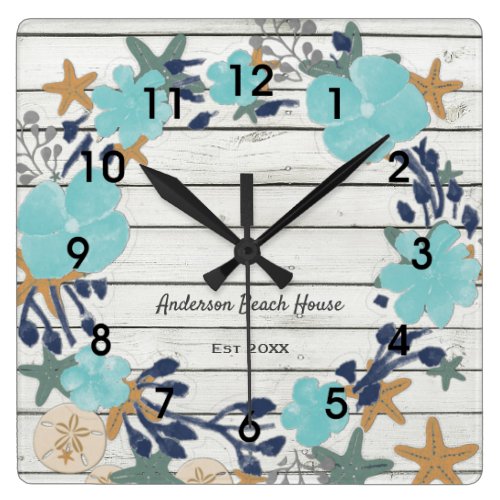 Beach Flowers and Starfish Rustic Square Wall Clock