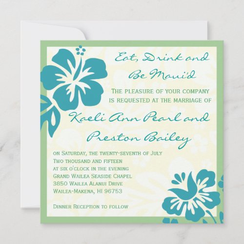 Beach Flowers Blue Green Wedding Invitation