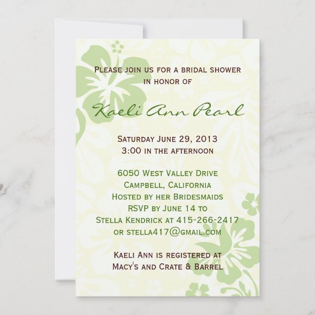 Beach Flowers Bridal Shower - Green Invitation (Front)