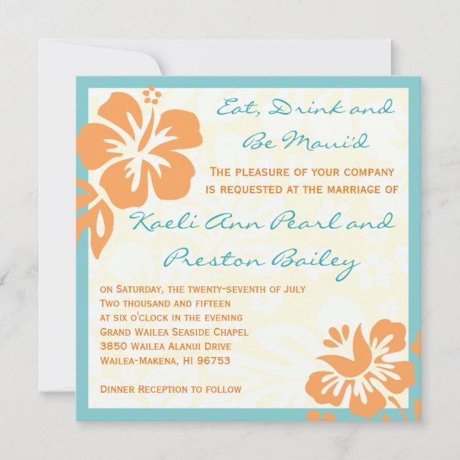 Beach Flowers Orange & Teal Wedding Invitation (Front)