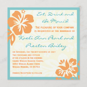 Beach Flowers Orange & Teal Wedding Invitation