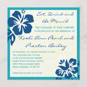 Beach Flowers Shades of Blue Wedding Invitation