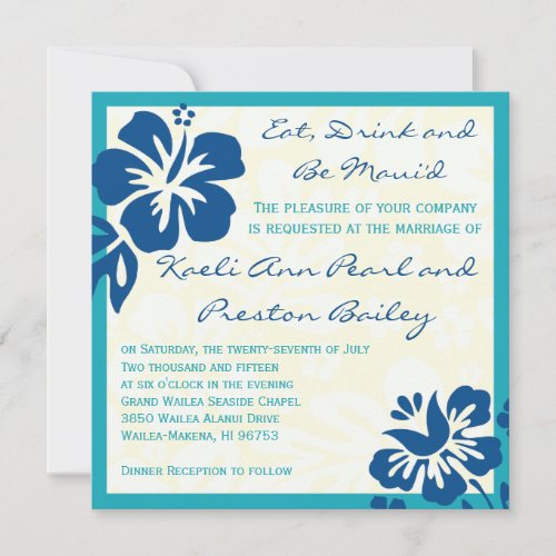 Beach Flowers Shades of Blue Wedding Invitation