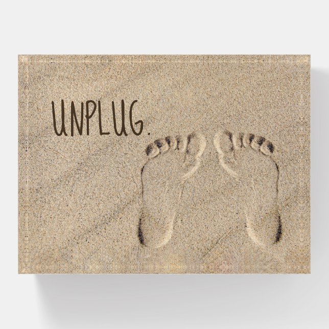Beach Footprints and Unplug Text Paperweight (Front)
