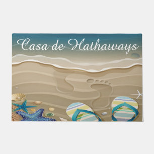 Beach Footprints in Sand, Flip Flops, Shells Doormat