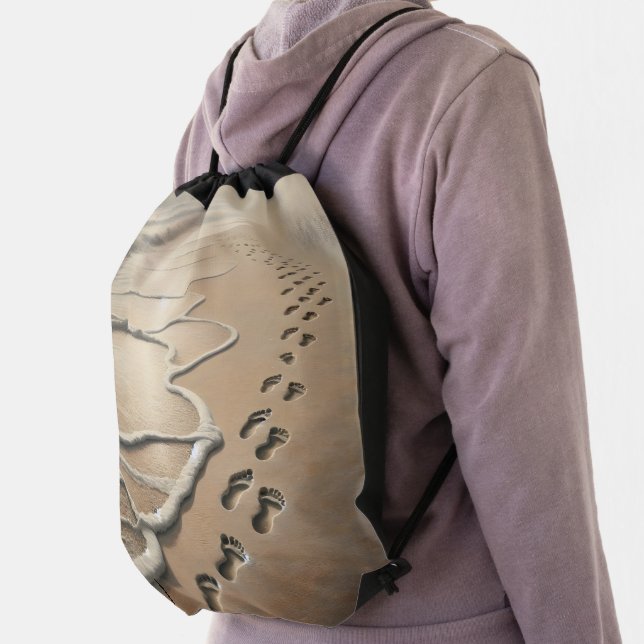 Beach Footprints With Ocean Froth Drawstring Bag (Insitu)