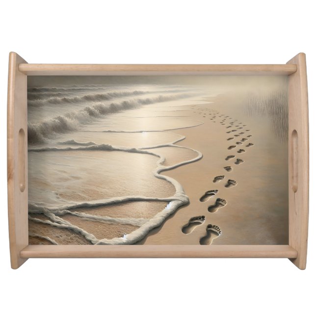 Beach Footprints With Ocean Froth Serving Tray (Front)