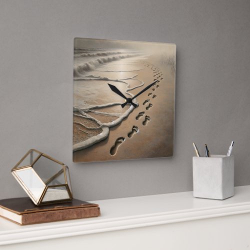 Beach Footprints With Ocean Froth Square Wall Clock