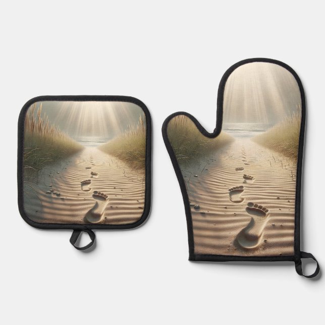 Beach Footprints With Sunbeams Oven Mitt & Pot Holder Set (Front)