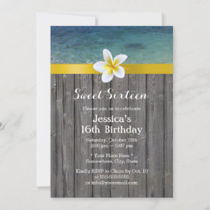 Beach & Frangipani Flower Wood Background Sweet 16 Invitation