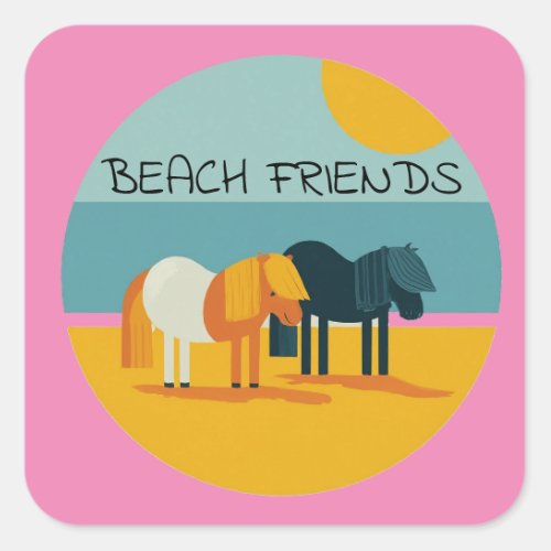 Beach Friends Pony Personalize Name Square Sticker