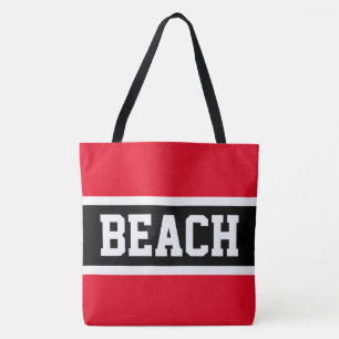 BEACH Fun Athletic Bright Red Black White Stripes Tote Bag