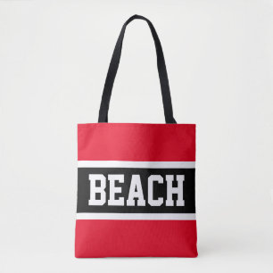 BEACH Fun Athletic Bright Red Black White Stripes Tote Bag