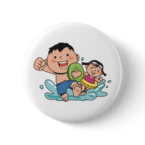 Beach Fun, boy and girl swimming at the beach, Button