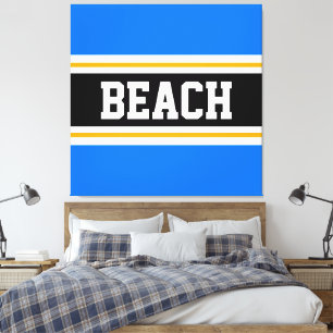 BEACH Fun Bright Blue Black White Orange Stripes Canvas Print