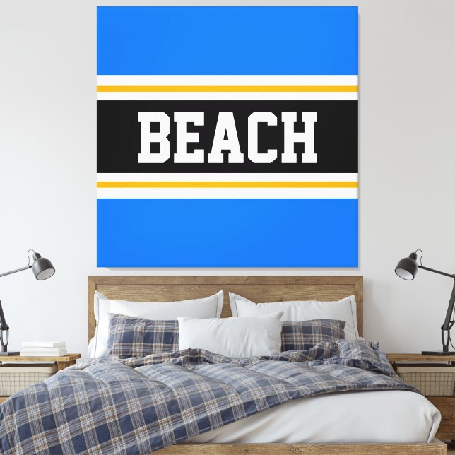 BEACH Fun Bright Blue Black White Orange Stripes Canvas Print (Insitu(Bedroom))