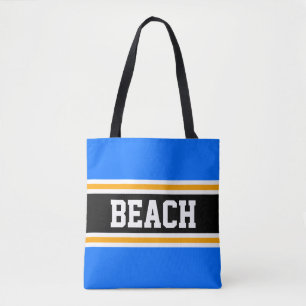 BEACH Fun Bright Blue Orange Black Summer Stripes Tote Bag